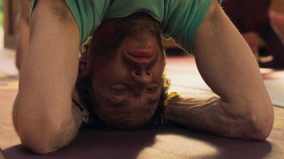 close-up of the face and arms of a man in an inverted yoga posealr